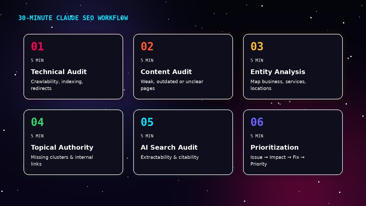 Six-step, 30-minute Claude SEO workflow: technical audit, content audit, entity analysis, topical authority, AI search audit, prioritization