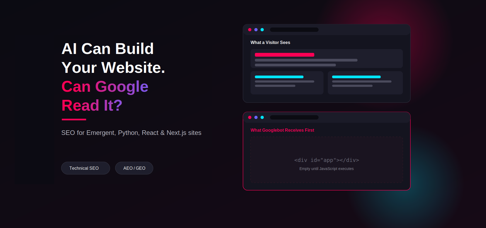 SEO for AI-Built Websites: How to Optimize Emergent, Python, React and Next.js Sites for Google and AI Search