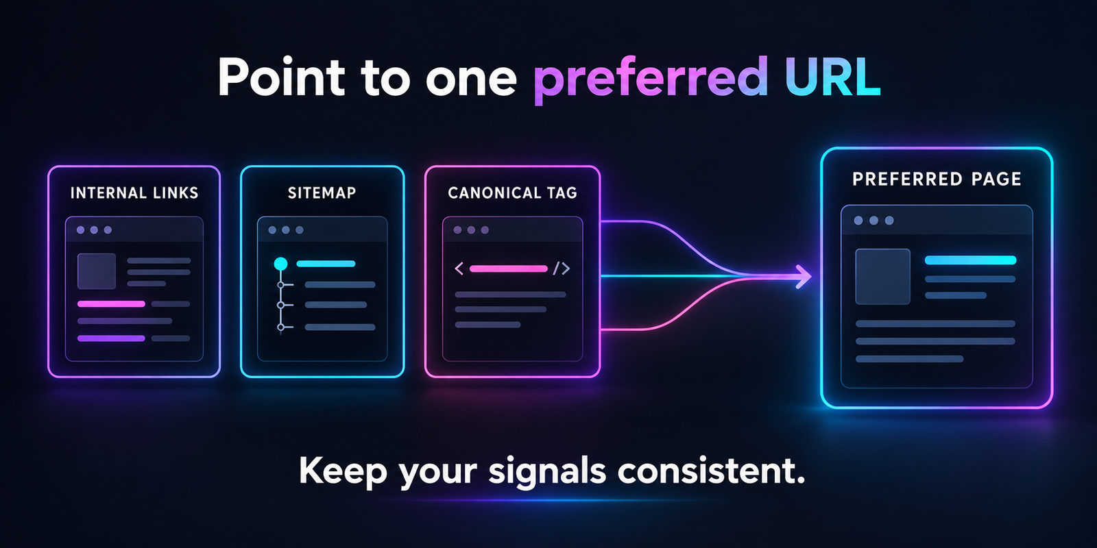 Internal links, sitemap entries and canonical tags should consistently identify the preferred page.