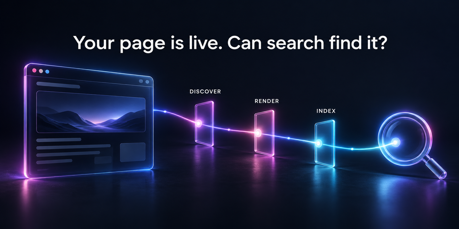 A public page passes through discovery, rendering and indexing checks